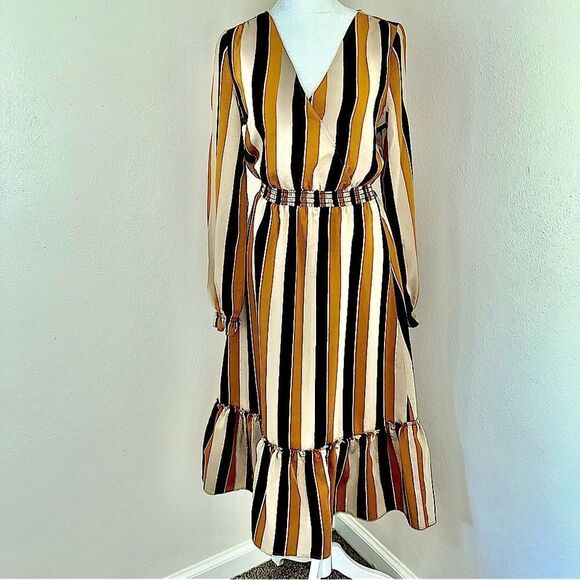Sezane Dresses & Skirts - SEZANE Rue Saint-Fiacre EUC Titiane Dress Stripe V-Neck Long Sleeve Tan/Blk SZ 4